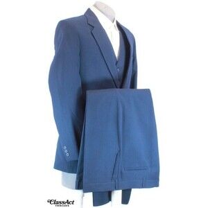 VINTAGE Haggar 3 Piece Suit Mens Navy Blue Pinstripe 2 Btn 44R Flat Fronts 38" W